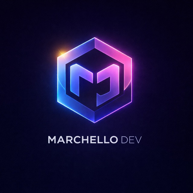MarchelloDev logo — a neon M inside a hexagon